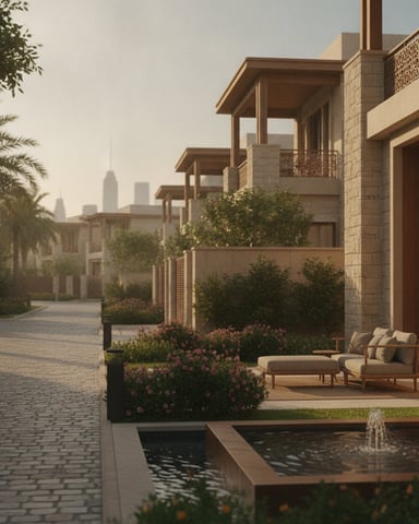 Modern townhouse with stone facade, patio seating, water feature, and city skyline view in background.