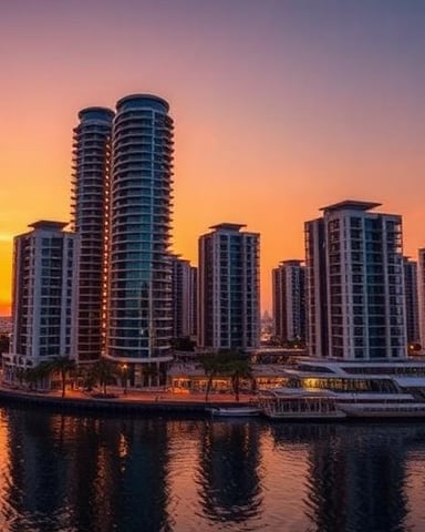 Waterfront high-rise residential towers at sunset with boats docked along the canal