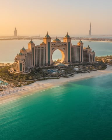 Luxury resort with distinctive arched architecture on sandy beach with turquoise water and palm trees