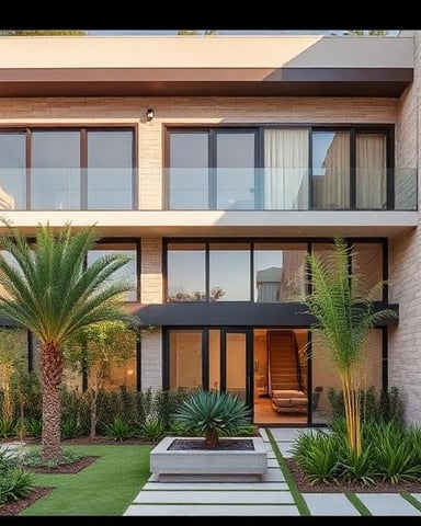 Modern brick courtyard with palm trees, artificial turf, and stepping stone pathway leading to glass doors