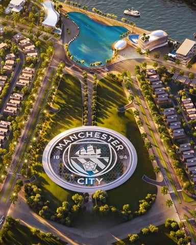 Aerial view of waterfront resort with Manchester City logo, residential villas, turquoise pool, and boats on water