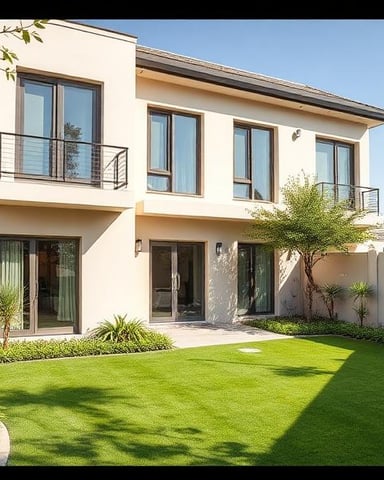 Modern two-story cream-colored house with metal railings, large windows, and manicured lawn with tropical plants