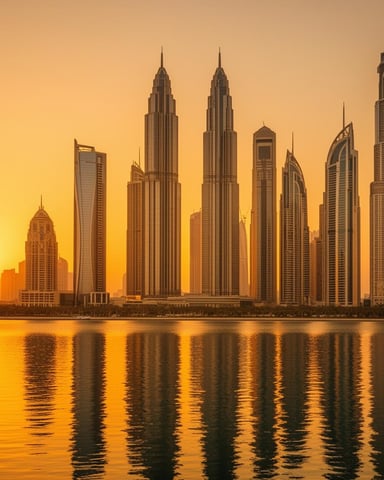 Modern skyscraper skyline reflected in calm water at golden sunset