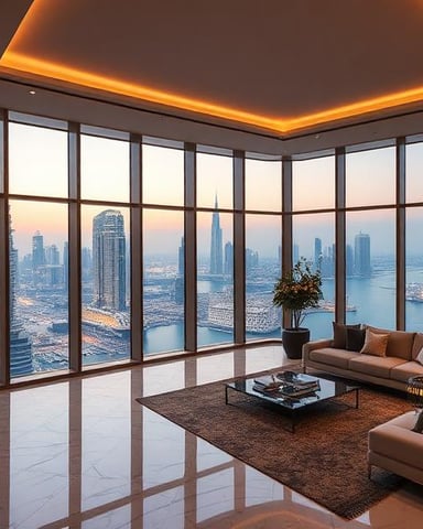 High-rise apartment living room with floor-to-ceiling windows overlooking cityscape and waterfront at sunset