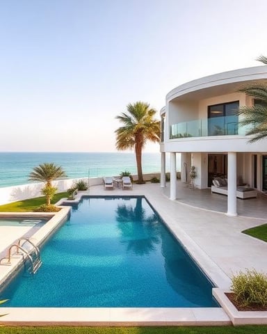 Modern white beachfront villa with curved architecture, infinity pool, palm trees, and ocean view