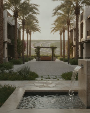 Courtyard with tall palm trees, modern stone buildings, water feature, and pergola with distant agricultural fields